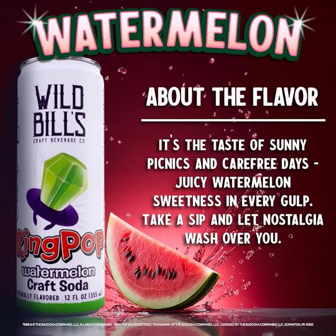 Wild Bill’s Watermelon Ring Pop Craft Soda Pop Soft Drinks - Pure Cane Sugar No HFCS Caffeine Free Vegan Gluten Free Low Sodium Lightly Carbonated – 12 Oz Cans 12 Pack