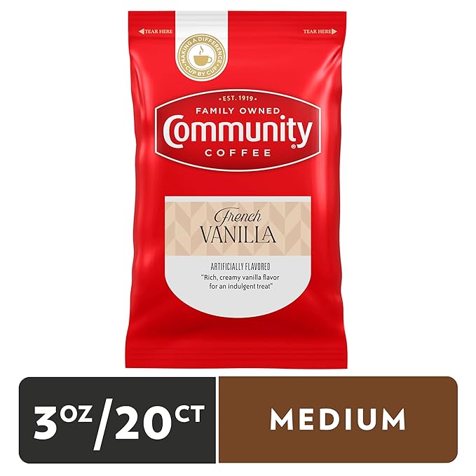Community Coffee French Vanilla Flavored Medium Roast Pre-Measured Coffee Packs 3.0 Ounce Each (Box of 20)