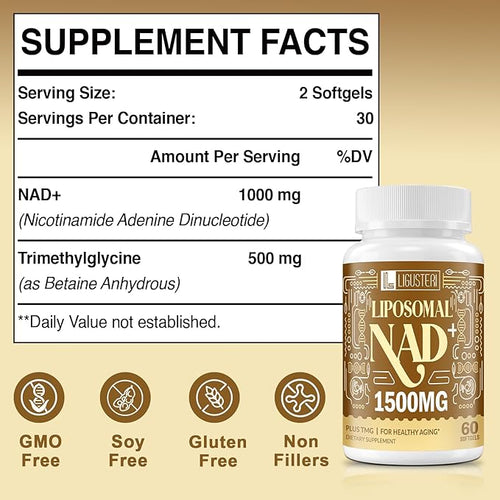 1500 MG Liposomal NAD+ 98%+ Absorption NAD+ Supplement for Women &amp Men with TMG for Aging Defense Cellular Energy Heart &amp Brain Function Longevity 120 Softgels