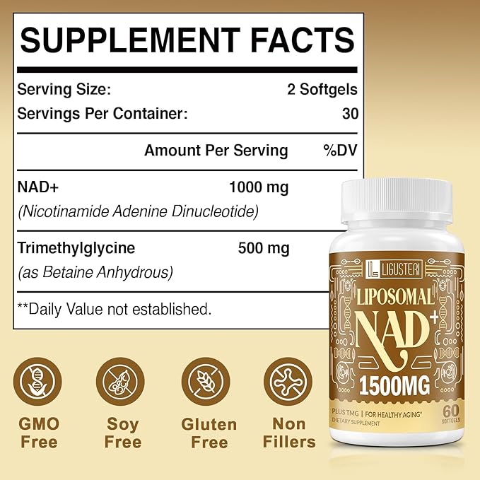 1500 MG Liposomal NAD+ 98%+ Absorption NAD+ Supplement for Women &amp Men with TMG for Aging Defense Cellular Energy Heart &amp Brain Function Longevity 60 Softgels