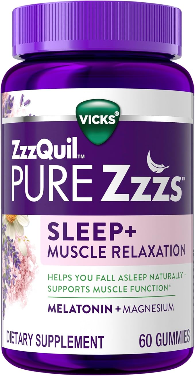 ZzzQuil Pure Zzzs Muscle Relaxation Melatonin Sleep Aid Gummies Supports Muscle Function Helps You Fall Asleep Naturally Fast Melatonin + Magnesium No Next-Day Grogginess Drug-Free 60ct