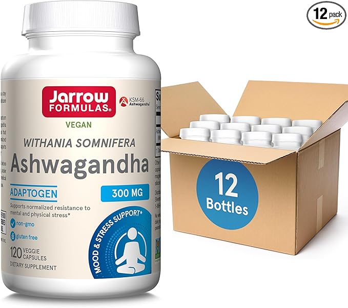 Jarrow Formulas Ashwagandha 300 mg - 120 Veggie Capsules - Overall Health &amp Resistance to Fatigue - Supplement Supports Endurance Muscle Recovery &amp Cognitive Health - 60 Servings (Pack of 12)