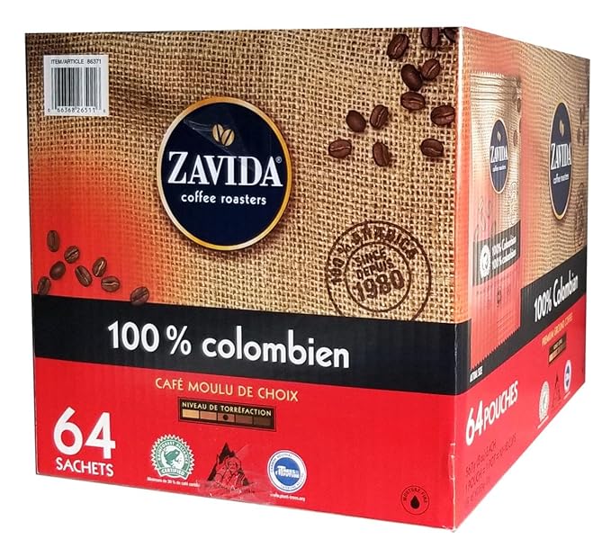 Zavida 64 Piece Coffee Pouches 100% Colombian 8 Pound