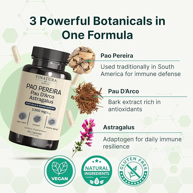 VINATURA Pao Pereira + PAU D'Arco Astragalus - 1300MG Serving USA Made &amp Tested Stem Cells and Immune Support 60 Capsules