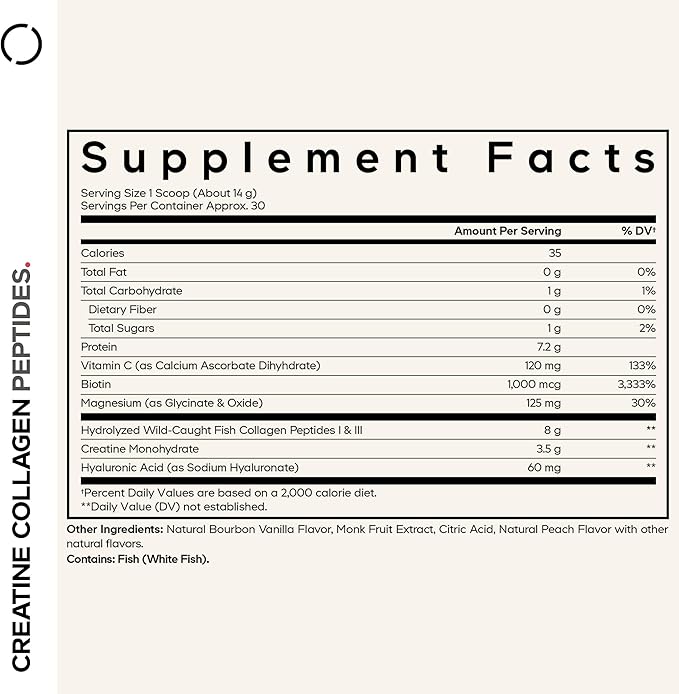 Codeage Creatine Collagen Peptides - Creatine Monohydrate Powder Supplement Wild-Caught Marine Collagen Biotin Magnesium Vitamin C Hyaluronic Acid - Vanilla Flavored - Non-GMO - 15 Oz