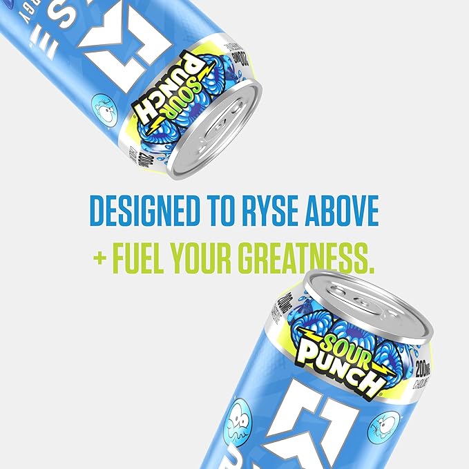 RYSE Fuel Energy Drink - Sour Punch Blue Raspberry - Sugar Free Gluten Free &amp Vegan - 200mg Natural Caffeine Taurine &amp Choline for Focus &amp Energy - No Artificial Colors - 16 fl oz Cans (