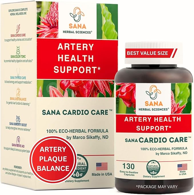 Artery Plaque Removal Formula | 4-Element All-Natural Supplement to Support Blood Pressure Healthy Cholesterol and Heart Rhythm | 130 Easy-to-Swallow Capsules | by Sana Herbal