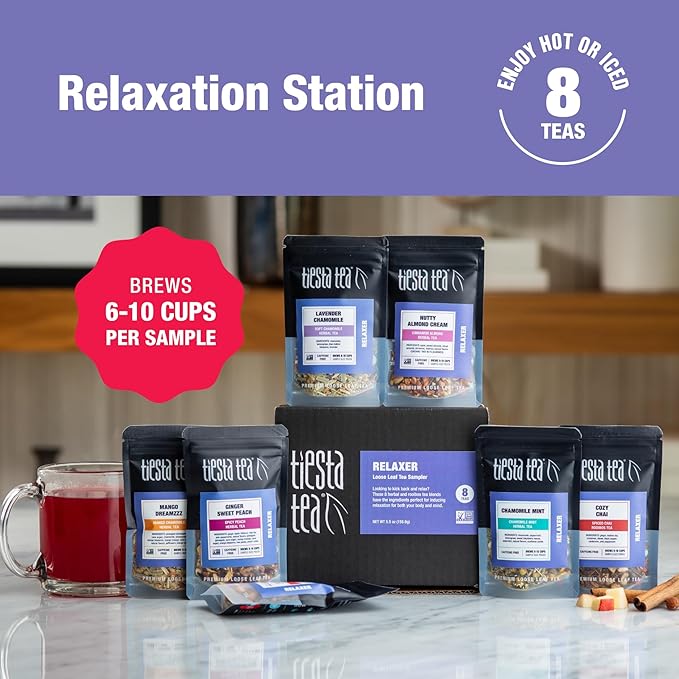 Tiesta Tea - 8 Herbal &amp Rooibos Sampler Dry Flight Set Loose Leaf No Caffeine Makes Hot and Iced Assorted Tea Sets with Herbal Chai Fruit Blends &amp More 8 Resealable Sample Pouches