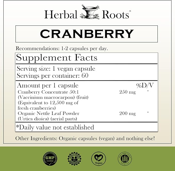 Herbal Roots Extra Strength Cranberry Pills for Women &amp Men with Organic Nettle | Urinary Tract Health | 60 Vegan Capsules