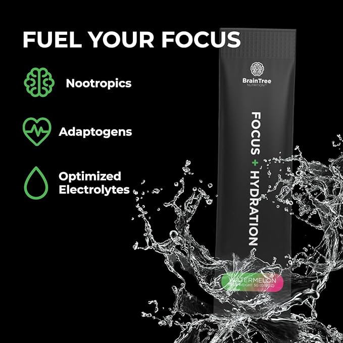 BrainTree Nutrition - Focus + Hydration - Electrolyte Drink Mix - Total Body Hydration - Supports Cognitive Function Energy &amp Muscle Recovery - Sugar Free - Watermelon - 30 Stick Packs