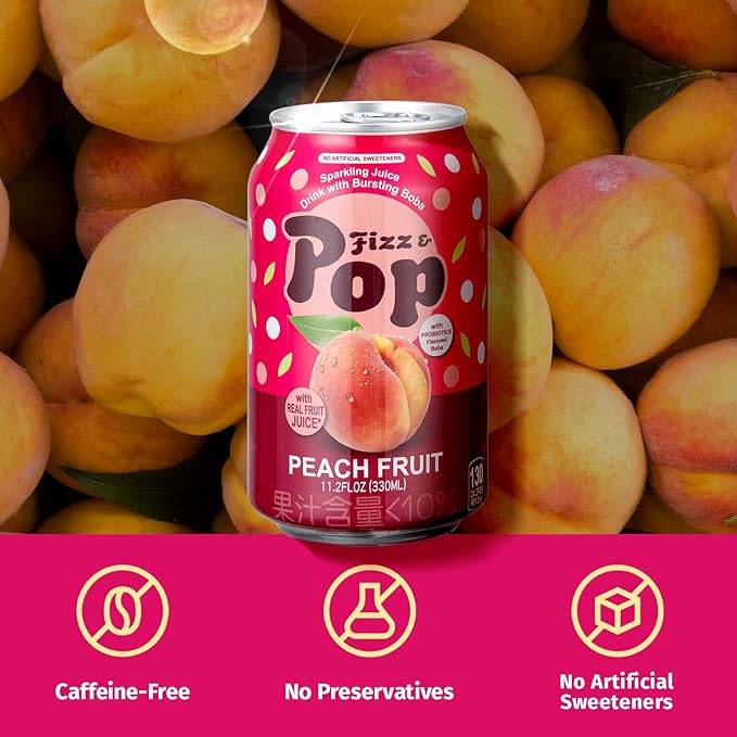 NÜLIFE Fizz &amp Pop Sparkling Popping Boba Drink Peach Carbonated Drink with Yogurt Style Bursting Pearls Sparkling Juice in Can Caffeine-Free Authentic Taiwan Sparkling Boba Fruit Juice 11.2 F