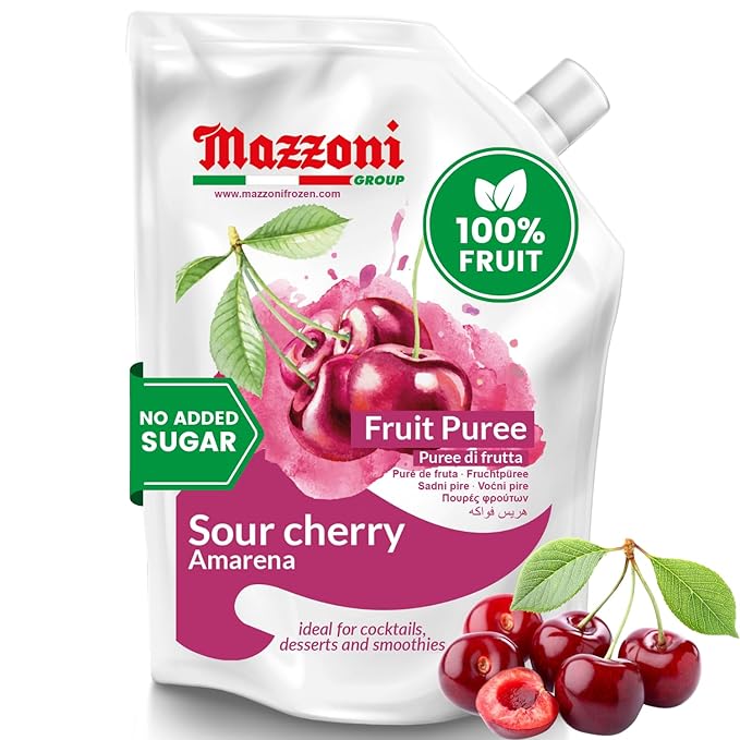 Mazzoni - Cherry Puree 100% Italian Pure Sour Cherry (Amarena) Juice Just Fruit No Sugar Added Real Fruit Mixer for Cocktails Drinks Smoothies - 2.2 lb Convenient Pouch Made in Italy
