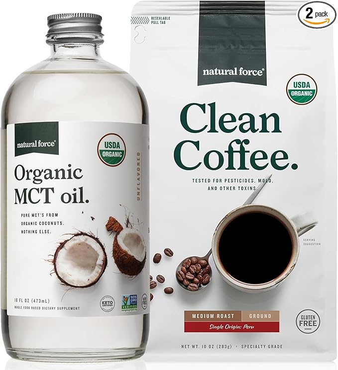 Natural Force Organic Ground Clean Coffee + Organic MCT Oil Bundle – 100% Pure Coconut MCTs &amp Mold &amp Mycotoxin Free Coffee – Non-GMO Keto Paleo and Vegan - 10 Oz Bag and 16 Oz Glass Bottle