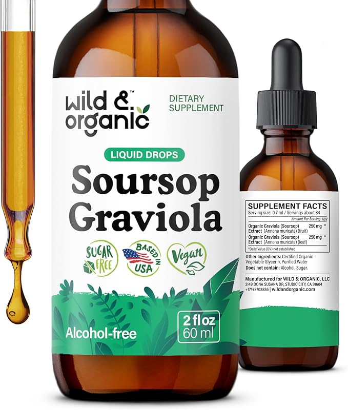 Wild &amp Organic Soursop Graviola Liquid Drops - Antioxidant &amp Digestive Support - Alcohol-Free Soursop Extract - Sugar-Free Guanabana Leaves Tincture - Vegan Graviola Leaf Extract Supplement -