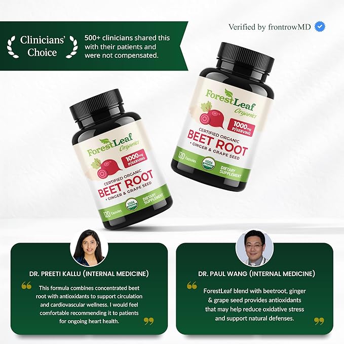 ForestLeaf USDA Organic Beet Root Capsules - Beetroot Supplement 1000mg 20:1 Extract w/Ginger Grape Seed - Support Blood Pressure Nitric Oxide Flow Circulation - Made in USA - 120 Caps