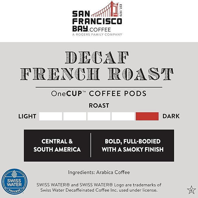 SF Bay Decaf French Roast Coffee OneCup – 72 Count Compostable Pods – Dark Roast Arabica Decaf – Compatible with Most Keurig K-Cup Brewers