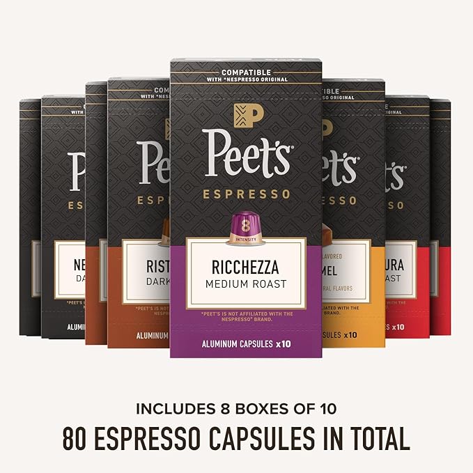 Peet's Coffee Dark Roast Espresso Capsules Variety Pack Compatible with Nespresso Original Machine - Intensity 8-11 80 Count (8 Boxes of 10 Espresso Capsules)
