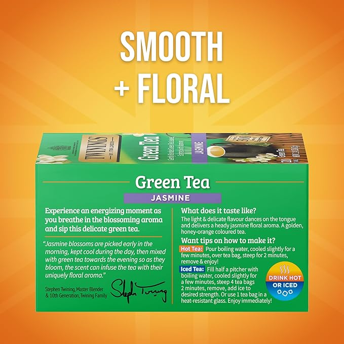 Twinings Green Tea with Jasmine Individually Wrapped Bags 20 Count (Pack of 6) Fragrant Floral Scent Caffeinated Enjoy Hot or Iced 120 Teabags