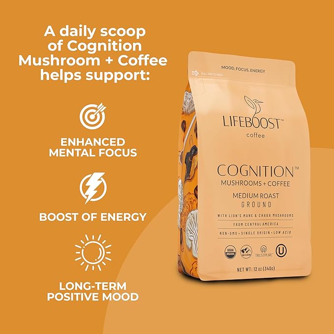 Lifeboost Cognition Adaptogenic Mushroom Coffee - Great Tasting Organic Lions Mane &amp Chaga Medium Roast Nootropic Coffee - Increase Energy Boost Focus &amp Immune Support - 12 oz Bag - Ground