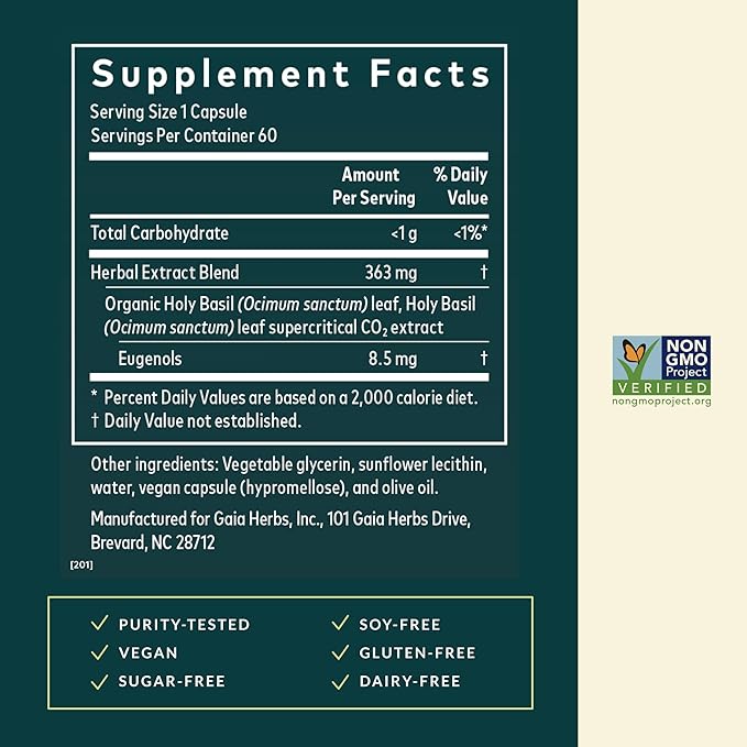 Gaia Herbs Holy Basil Leaf - Traditionally Used to Support Stress Response - Adaptogenic Ayurvedic Herb* - 60 Vegan Liquid Phyto-Caps (30 Servings)