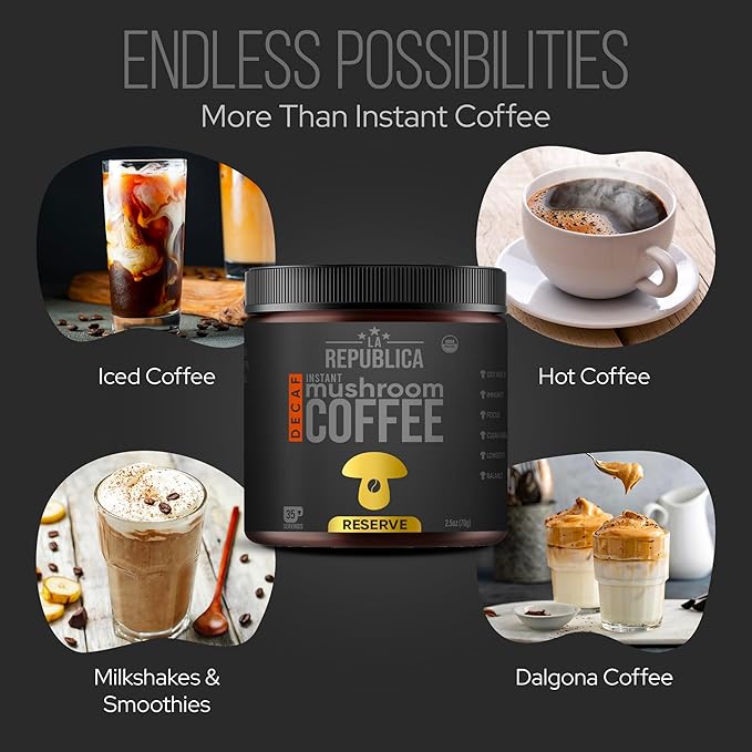 La Republica Founders Reserve Decaf Instant Mushroom Coffee Organic (35 Servings) Premium 50% More Shrooms Rich Flavor