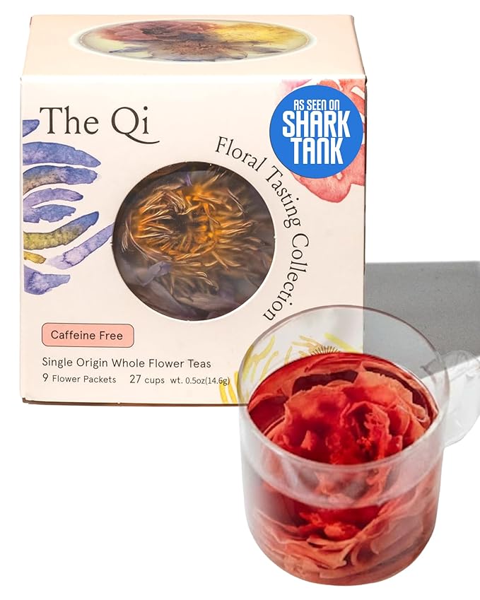 The-Qi Floral Tasting Collection Blooming Tea Variety Box – 9 Pcs Whole Flowers (Rose Chrysanthemum Lotus) – 100% All Natural Blooming Tea Gift Set Naturally Caffeine-free – Makes 27 Cups