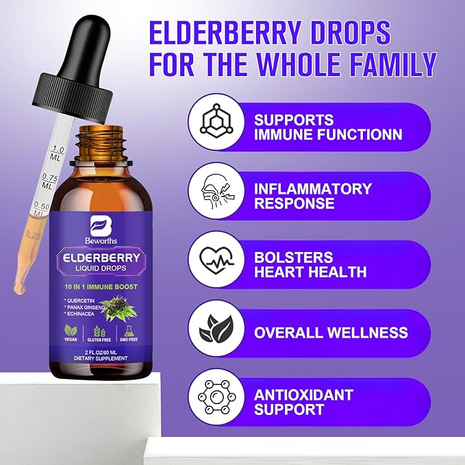 2 Pack Elderberry Syrup Black Elderberry Drops with Quercetin Panax Ginseng Vitamin C and Zinc Sambucus Elderberry Syrup Liquid for Immune Support Vegan Non-GMO &amp Gluten Free