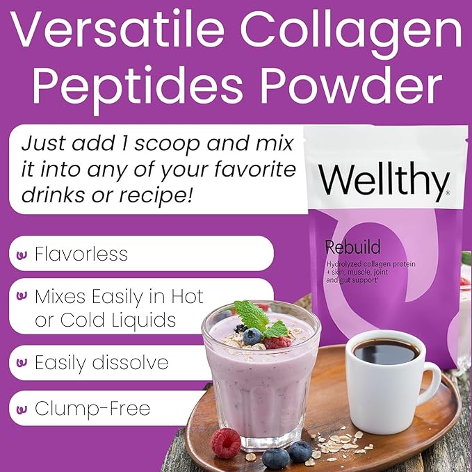 Wellthy Collagen Peptides Protein Powder - Grass Fed Hydrolyzed Collagen for Hair Growth Skin Nails Gut and Joint Support - 20000mg Collagen &amp 18g Protein | Unflavored (15 Servings)