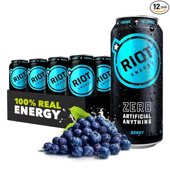 RIOT Clean Energy Drink – Berry | No Sucralose No Sugar Added No Artificial Flavors | 160mg Natural Caffeine + 100mg L-Theanine | Clean Focus Stamina &amp Smooth Energy | 16 Fl Oz (Pack of 12)