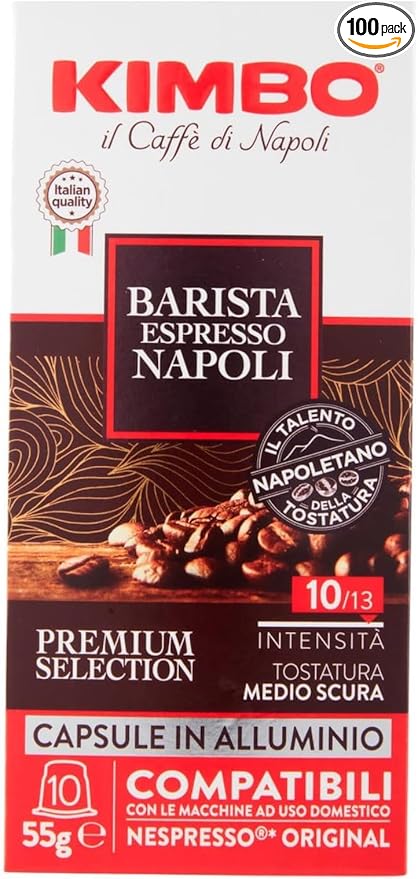 KIMBO - Barista Espresso Napoli Coffee - Coffee Capsule - Authentic Italian Coffee - Intensity 10 / Medium-Dark Roast - Box of 100 Capsules Compatible With Nespresso