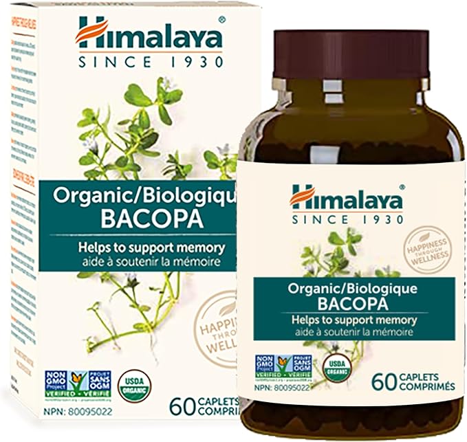 Himalaya Organic Bacopa Monnieri Nootropic Herbal Supplement Supports Calm Memory Cognition USDA Certified Organic Non-GMO 750 mg 60 Plant-Based Caplets 60 Day Supply