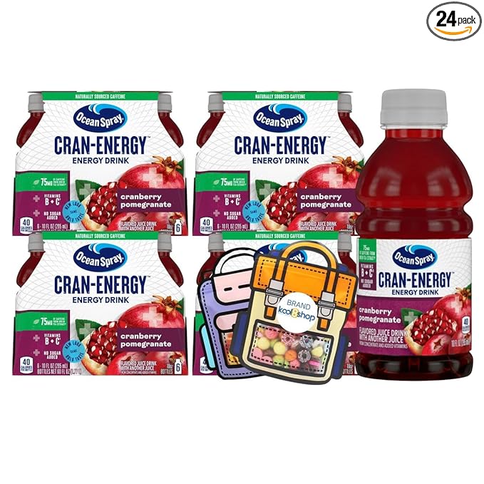 Ocean Spray Energy Cranberry Pomegranate Juice Drink 10 fl oz Plastic Bottles 24 Pack + 2 Reusable Snack Bags by KOOL8SHOP Infinite Deals