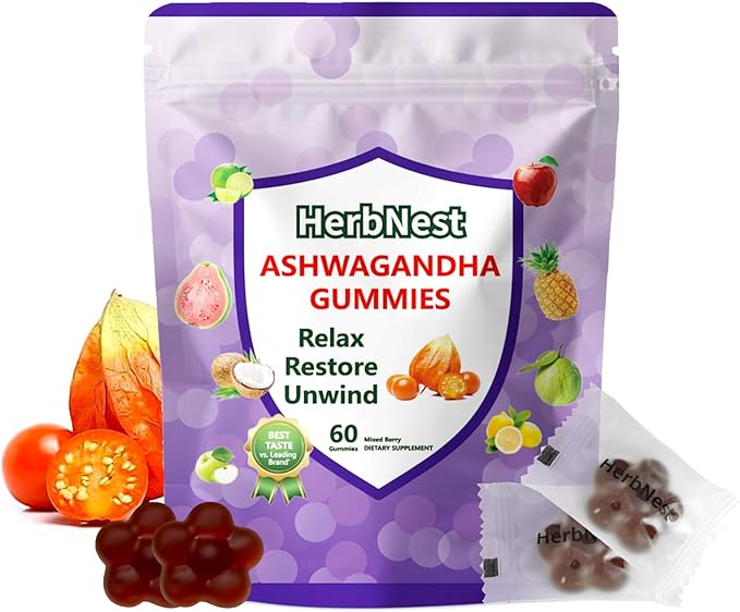 Ashwagandha Gummies &amp Vitamin D Gummy for Men &amp Women Tropical Flavor Vegan Non-GMO &amp Gluten Free Supplement 60 Count （ Individually Wrapped）