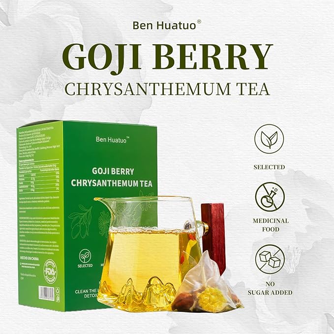 Ben Huatuo – Goji Berry Chrysanthemum Tea herbal-teas with dandelion root tea Tangerine Peel &amp Honeysuckle – Supports Liver Health Detox &amp Digestion – Vegan Sugar-Free Caffeine-Free (1 Box