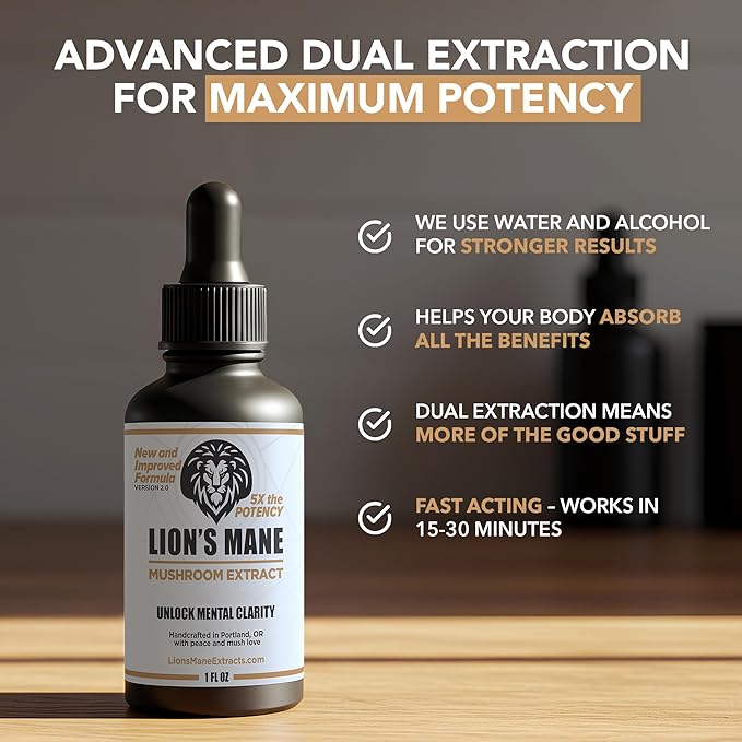 Lion's Mane Extract Mushroom Tincture - Focus Memory &amp Clarity Support - 1 oz Lion’s Mane Supplement Liquid Extract | Dual-Extracted from USA-Grown Fruiting Bodies Mushroom Drops Nootropic