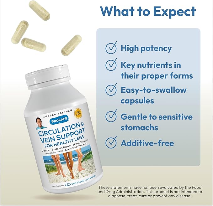 ANDREW LESSMAN Circulation Vein Support for Healthy Legs 60 Capsules - High Bioactivity Diosmin Butcher's Broom Visibly Reduces Swelling and Discomfort in Feet Ankles Calves Legs