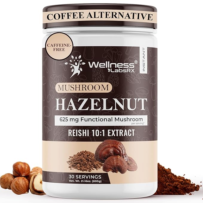 Mushroom Hazelnut Powder with Reishi 10:1 Extract Hot Cocoa Powder Caffeine-Free Mushroom Coffee Alternative - Adaptogenic Superfood Drink for Focus Relaxation and Mood Support - 30 Servings