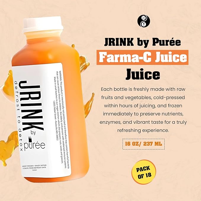 JRINK by Purée Farma-C Juice Cleanse Cold Pressed Detox Drink with Lemon Ginger Organic No Preservatives Vegetable and Fruit Juice Healthy Cleanse Raw Juice Detox 16oz Bottles Pack of 18