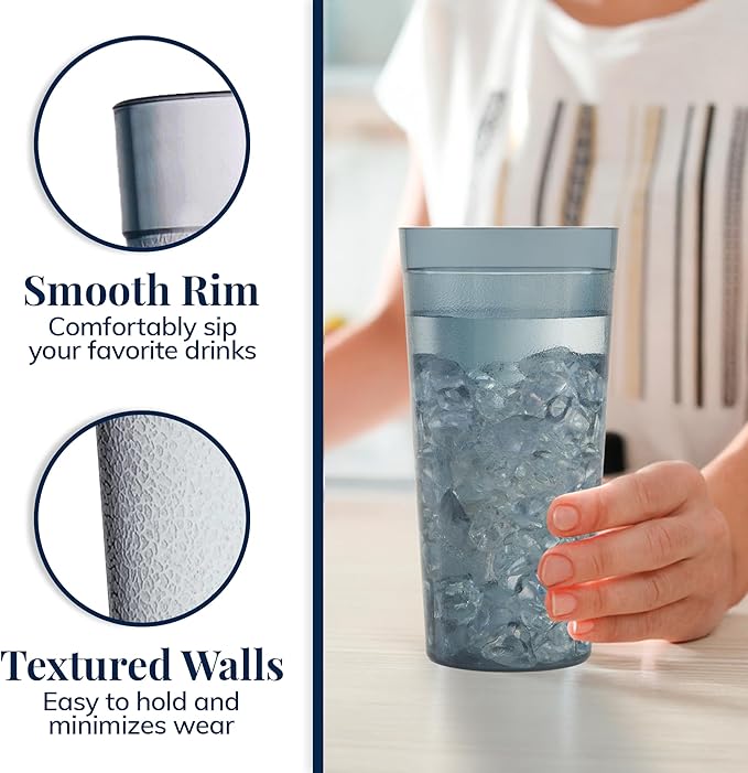 US Acrylic Cafe Plastic Reusable Tumblers (Set of 16) 20-ounce Water Cups in Grey | Value Set of Restaurant Style Drinking Glasses Stackable BPA-free Made in the USA | Top-rack Dishwasher Safe