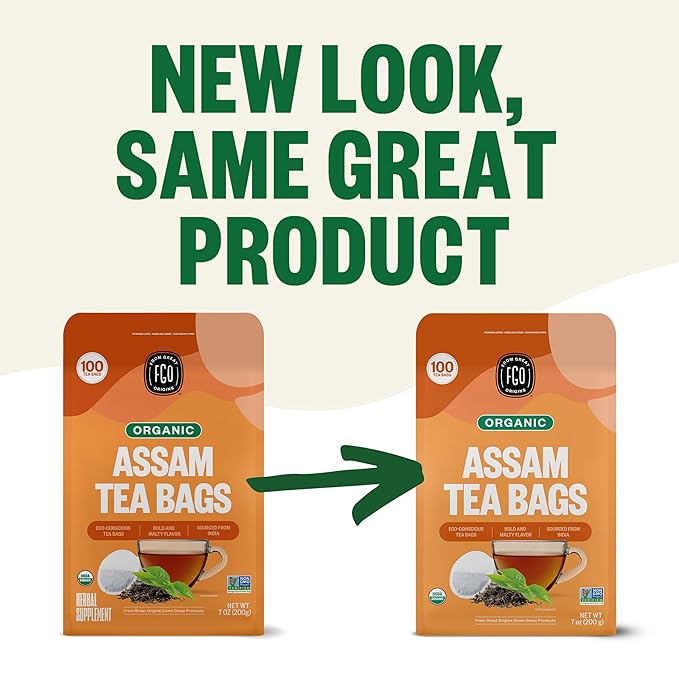 FGO Organic Assam Tea 100 Count Eco-Conscious Black Tea Bags Resealable Bag Packaging May Vary (Pack of 1)