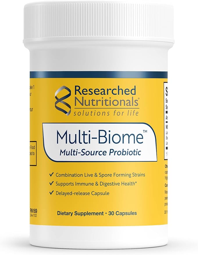 Researched Nutritionals Multi-Biome - Dual-Action Probiotics for Women &amp Men - Spore + Live Strain Formula with Delayed-Release Capsules for Gut Health Histamine &amp Immune Support (30 ct)