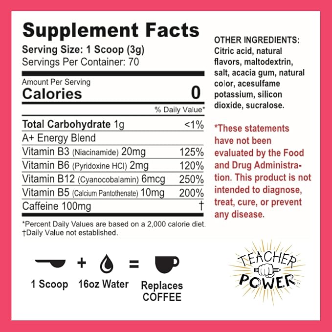 Teacher Power (The Original) Sugar Free Energy Drink 70/servings per Jar 100mg Caffeine with B Vitamins (Strawberry Lemonade)
