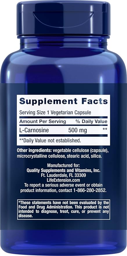 Life Extension Carnosine Healthy Aging Exercise Recovery Gluten-Free Non-GMO Vegetarian 60 Capsules
