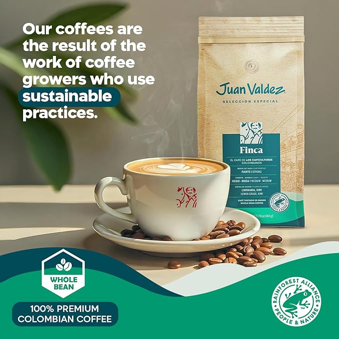 Juan Valdez Finca Whole Bean Coffee - Dark Roast | 16 oz / 454 gr | 100% Colombian Coffee - Rainforest Certified | With Lemongrass &amp Kiwi Notes
