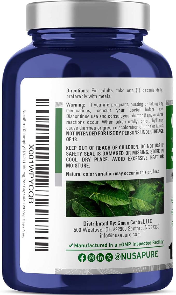NusaPure Chlorophyll 200:1 Extract 150 mg Equivalent to 30000 mg per Capsule 120 Vegetarian Caps (Non-GMO Vegan)