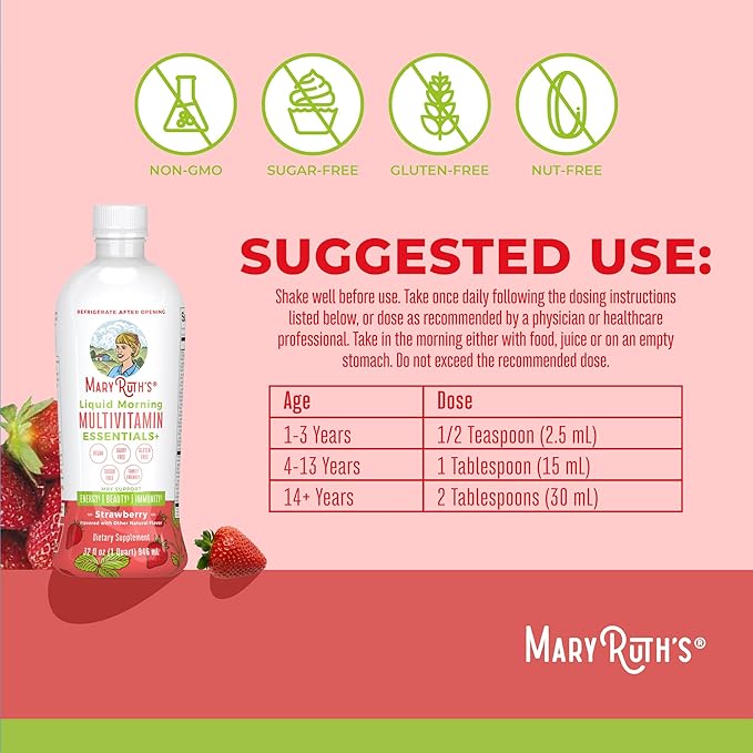 MaryRuth's Liquid Morning Multivitamin Essentials+ | Vitamin A C D E B6 B12 K2 Biotin Zinc | Mens Womens Multivitamin | Immune Support | Beauty | Sugar Free | Vitamins for Ages 1+ | Vegan | 32 Fl Oz