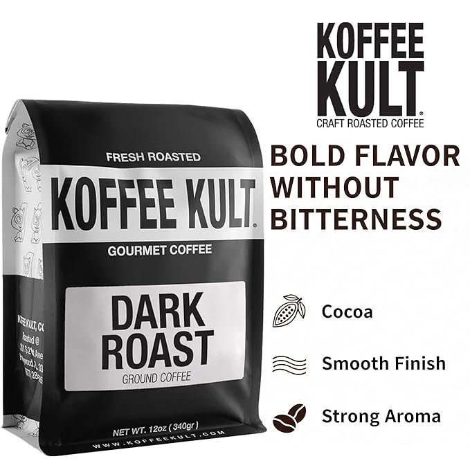 Koffee Kult Dark Roast Ground Coffee - Small Batch Gourmet Aromatic Artisan Blend 100% Arabica Coffee Organically Sourced (Ground 12oz)