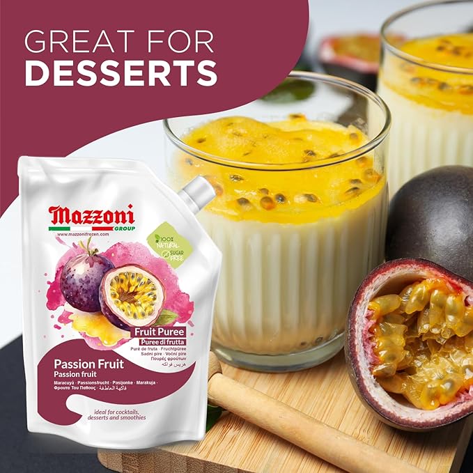 Mazzoni - Passion Fruit Juice Puree 100% Maracuya Just Fruit No Sugar Added 2.2 lbs (35.2 oz) Real Fruit Mixer for Cocktails Smoothies Drinks Fruit Juice Convenient Pouch Made in Italy