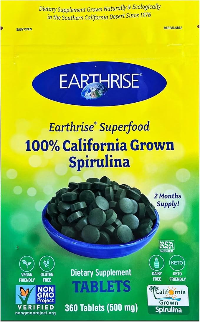 Earthrise Superfood 100% California Grown Spirulina 500mg Tablets (360 Count) Natural Premium Spirulina Vegan Gluten Free Keto Friendly Non -GMO High in Vitamins &amp Minerals