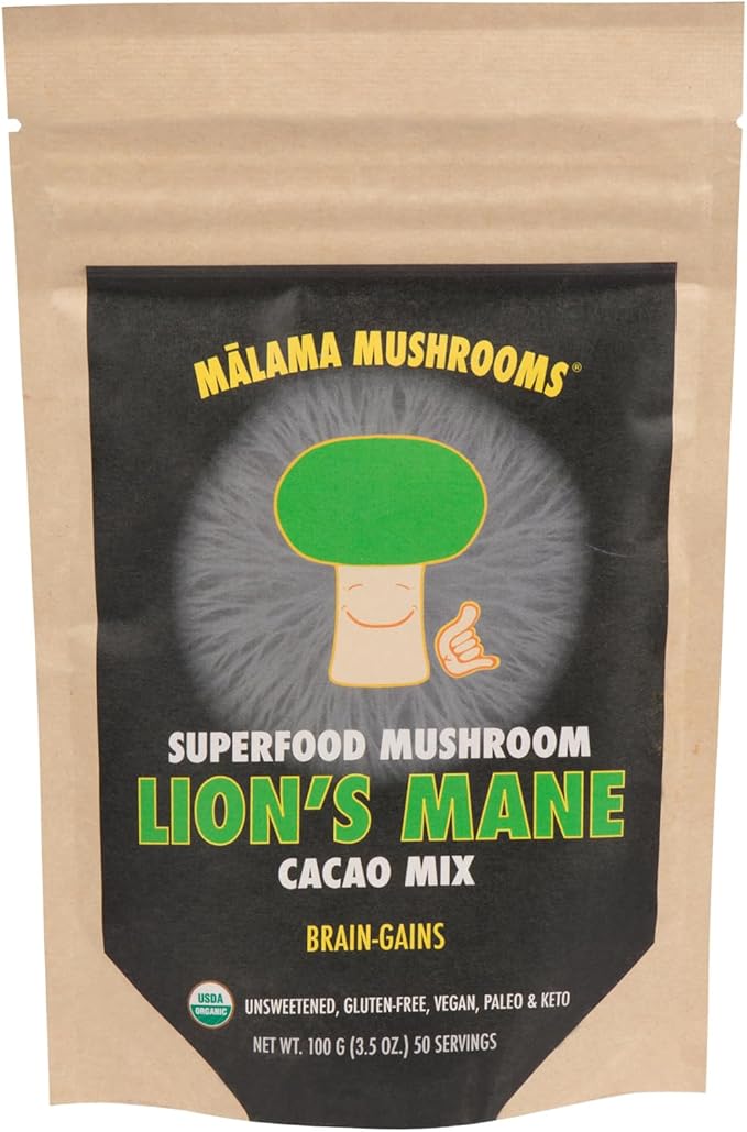 Malama Organic Mushroom Hot Cacao Mix Lion's Mane Mushroom Powder with Fair Trade Cacao for Focus Memory &amp Immune Support – Vegan Superfood Non GMO 3.5 oz (50 Servings)